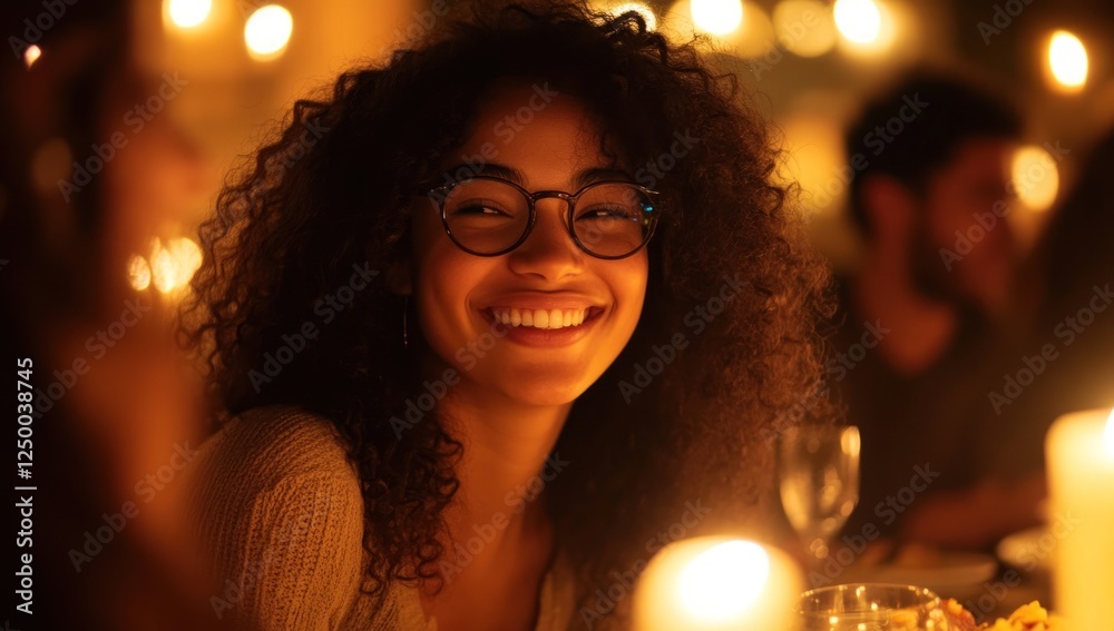 A Warm Evening Gathering: A Smiling Woman Amidst Candlelight A Warm Evening Gathering: A Smiling Woman Amidst Candlelight