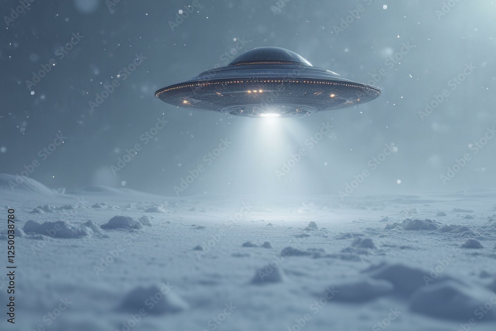 Flying Saucer Hovering Over Snowy Terrain with Bright Light Beam
