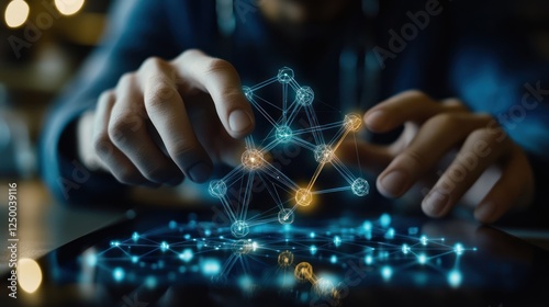 Hands interacting with a digital network on a tablet.