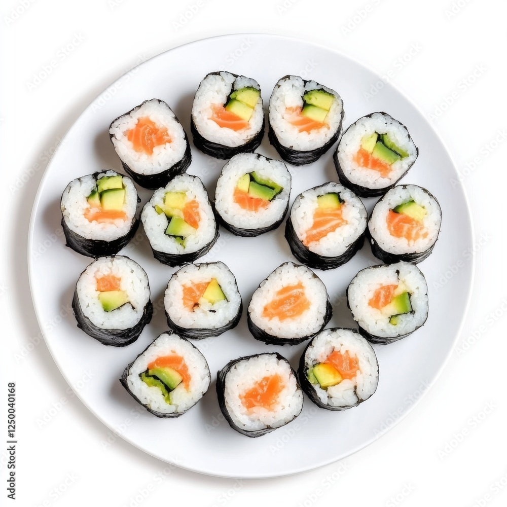 Fresh sushi rolls on a plate isolated on white background Fresh sushi rolls on a plate isolated on white background