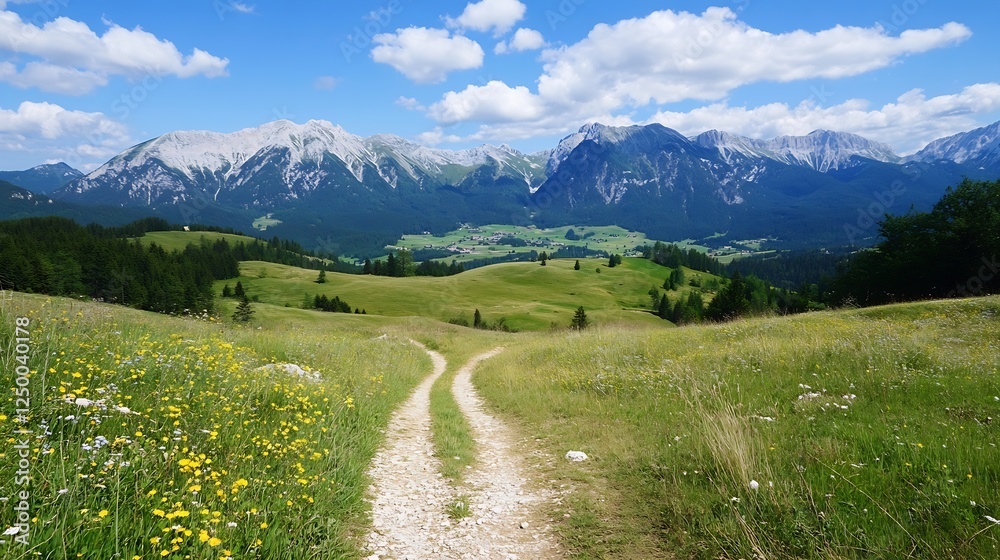 Fototapeta premium Breathtaking Mountain Landscape with Lush Green Fields and Blue Sky in Daylight : Generative AI