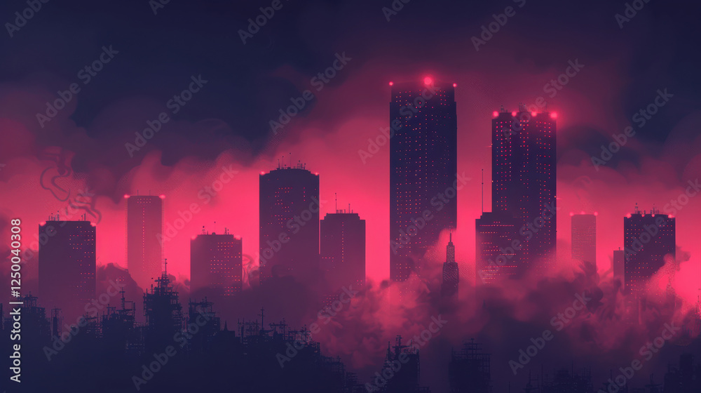 Futuristic city skyline with vibrant colors and misty atmosphere, creating mysterious and captivating scene Futuristic city skyline with vibrant colors and misty atmosphere, creating mysterious and captivating scene