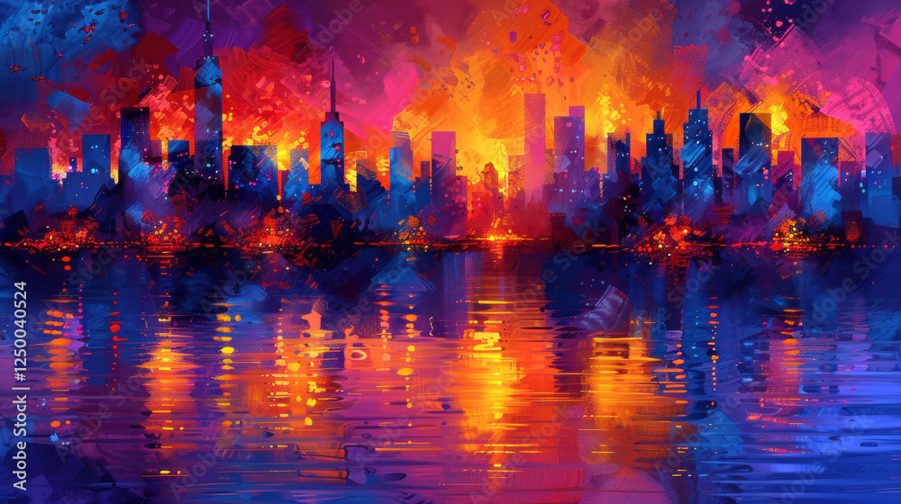 Obraz premium vibrant abstract city skyline at sunset, reflecting colors on water