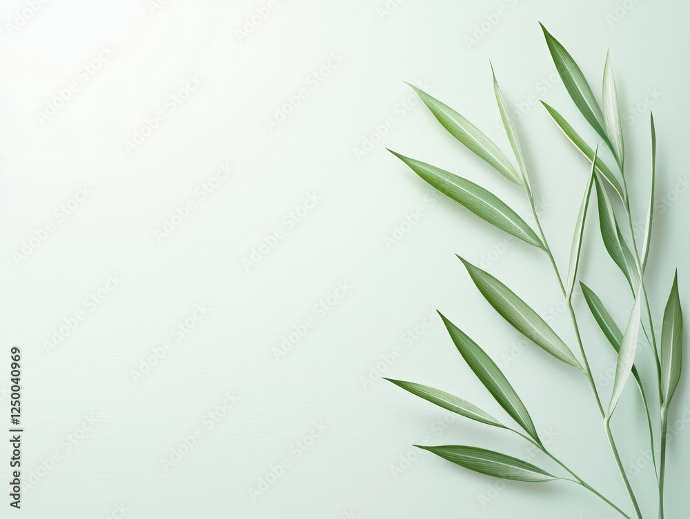 spring background greenery gradient concept, A minimalist arrangement of green leaves on a soft, light background, evoking a sense of calm and nature.