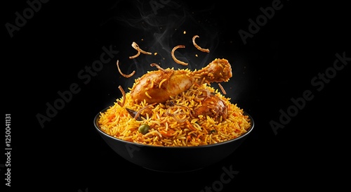 Delicious Chicken Biryani in a Black Bowl Steaming Hot Aromatic Rice Dish Indian Cuisine
