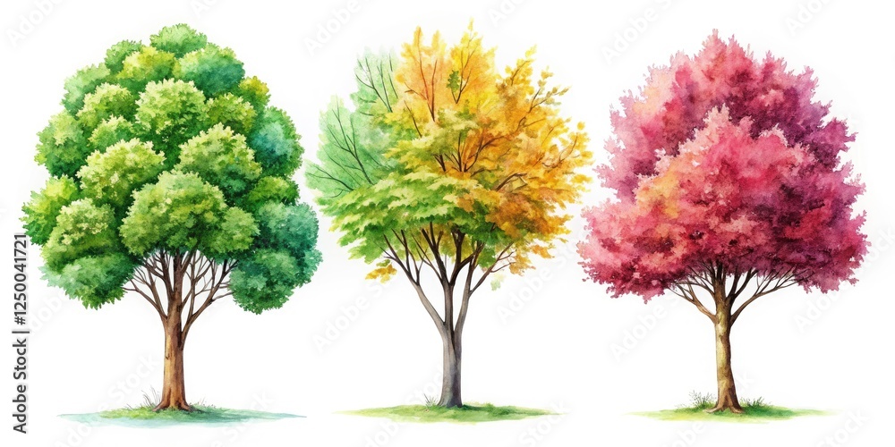 Fototapeta premium High-resolution watercolor summer tree illustrations, perfect for clipart or botanical art projects.