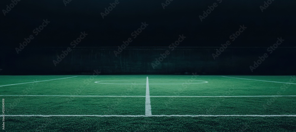 Fototapeta premium Dark soccer field at night, empty green grass.