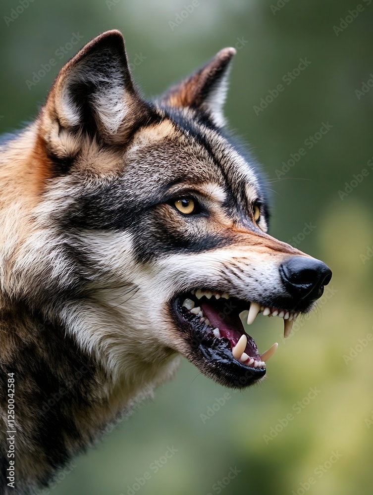 Obraz premium Wild Wolf Profile with Fierce Expression and Sharp Teeth Captured in Nature : Generative AI