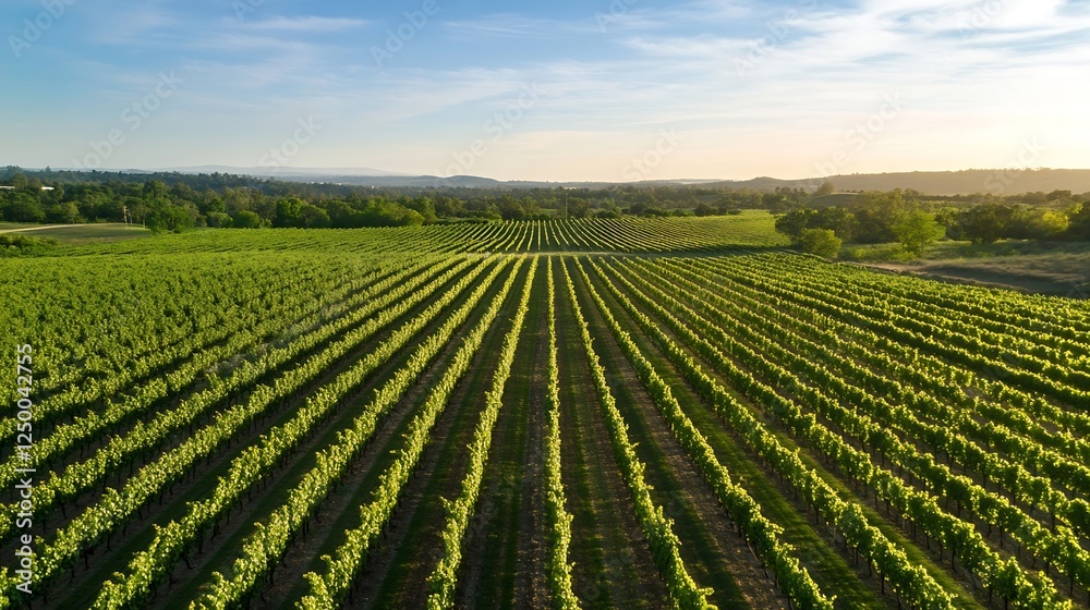 Aerial View of Lush Green Vineyard Rows Under a Clear Blue Sky : Generative AI Aerial View of Lush Green Vineyard Rows Under a Clear Blue Sky : Generative AI