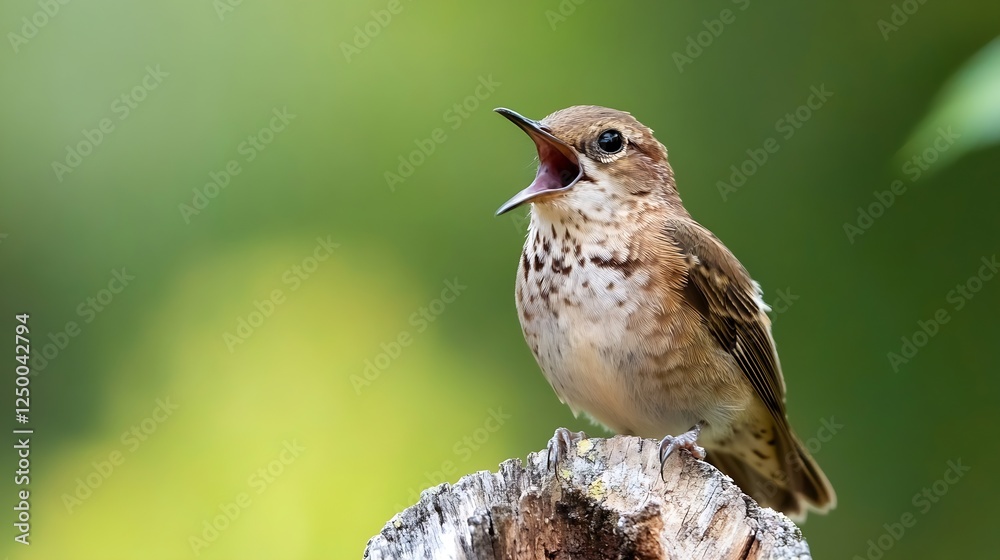 Naklejka premium Vibrant Bird Singing on a Stump Surrounded by Lush Green Nature : Generative AI
