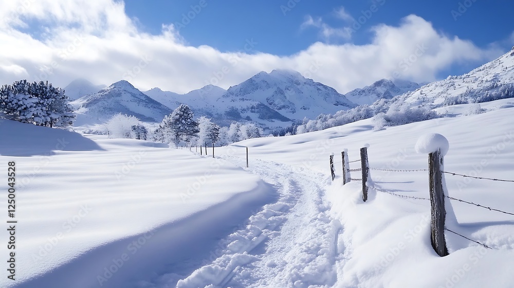 Obraz premium Beautiful winter landscape featuring snowy mountains and a tranquil path winding through pristine white snow : Generative AI
