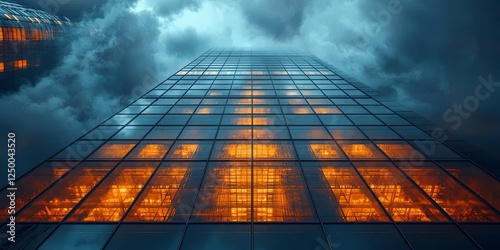 Majestic skyscraper reflecting warm orange lights against a dramatic cloudy sky, symbolizing urban resilience and modern architecture.