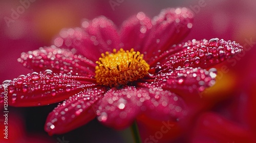 Dew-kissed crimson flower garden closeup
