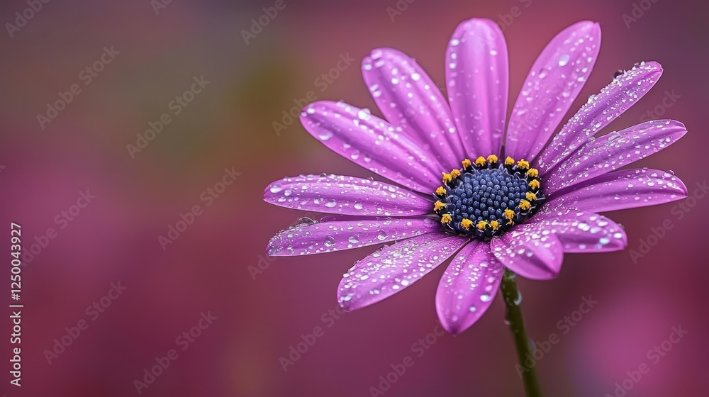 Dew-kissed purple daisy, garden bloom, blurred background, greeting card Dew-kissed purple daisy, garden bloom, blurred background, greeting card