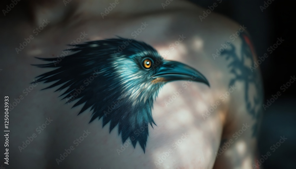 Detailed Raven Tattoo on Chest with Artistic Lighting and Additional Ink Detailed Raven Tattoo on Chest with Artistic Lighting and Additional Ink