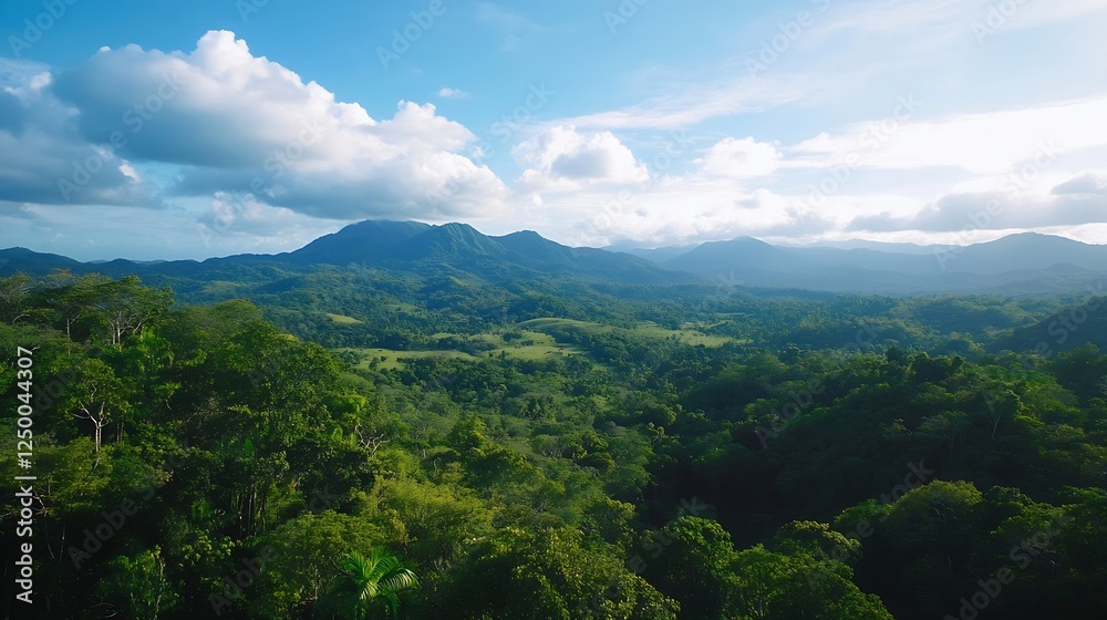 Obraz premium Breathtaking Aerial View of Lush Green Landscape with Mountains and Clouds in Scenic Nature : Generative AI