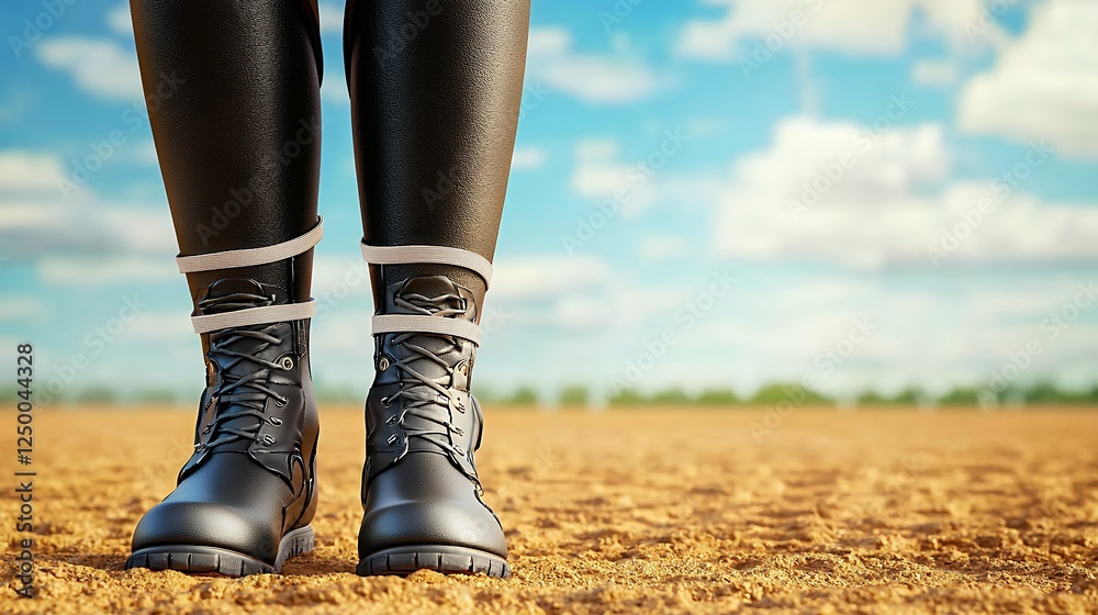 Stylish Leather Boots Tied with Rope on Sandy Ground Under Bright Sky Stylish Leather Boots Tied with Rope on Sandy Ground Under Bright Sky