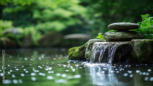 Tranquil garden stream with smooth stones and cascading water in serene environment : Generative AI