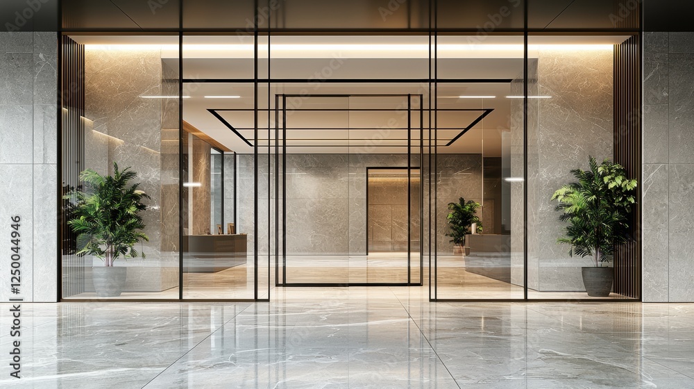 Obraz premium Modern Lobby Entrance with Sleek Design and Greenery Accents