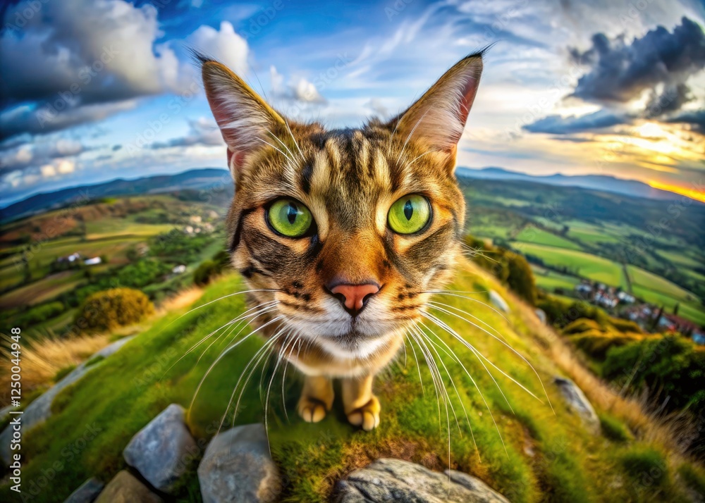 Obraz premium Majestic tomcat, captured from above in a stunning aerial drone shot showcasing its feline face and wild nature.