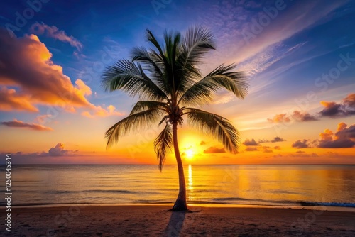 Minimalist coconut palm: tropical paradise, evoking island escape and summer beach bliss.
