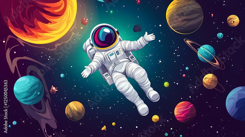 Fototapeta Naklejka Na Ścianę i Meble -  A cartoon space explorer floating in zero gravity outer space animated characters futuristic environment close-up view adventure and discovery. Interstellar Cultures. Illustration