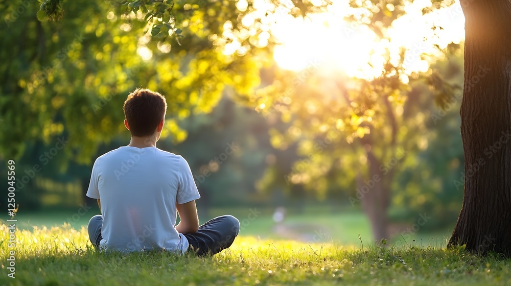 Young man meditating in serene park at sunset surrounded by lush trees and peaceful atmosphere : Generative AI Young man meditating in serene park at sunset surrounded by lush trees and peaceful atmosphere : Generative AI