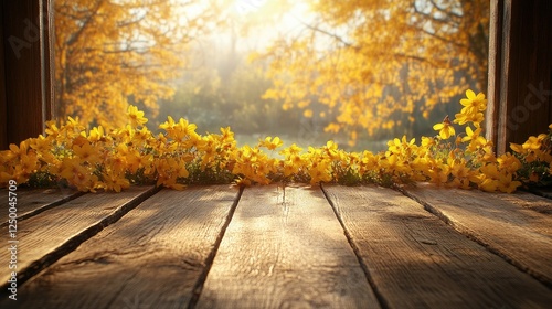 Yellow flowers on wooden surface autumn background