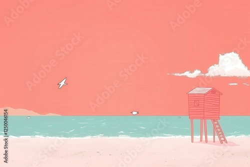 A serene beach scene featuring a pink sky, gentle waves, a lifeguard tower, and a distant boat, evoking tranquility and summer vibes.