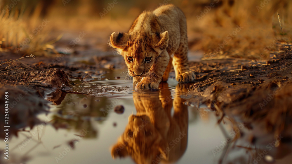 Fototapeta premium Lion cub cautiously approaching its reflection in a puddle on a muddy ground