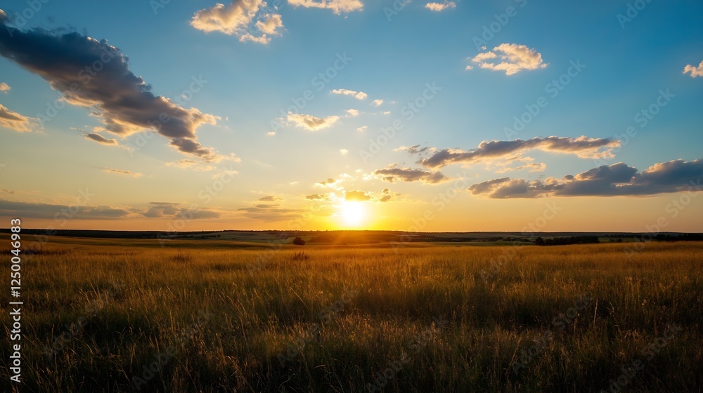 Fototapeta premium Breathtaking Sunset Over Open Fields with Colorful Clouds and Gentle Breeze : Generative AI