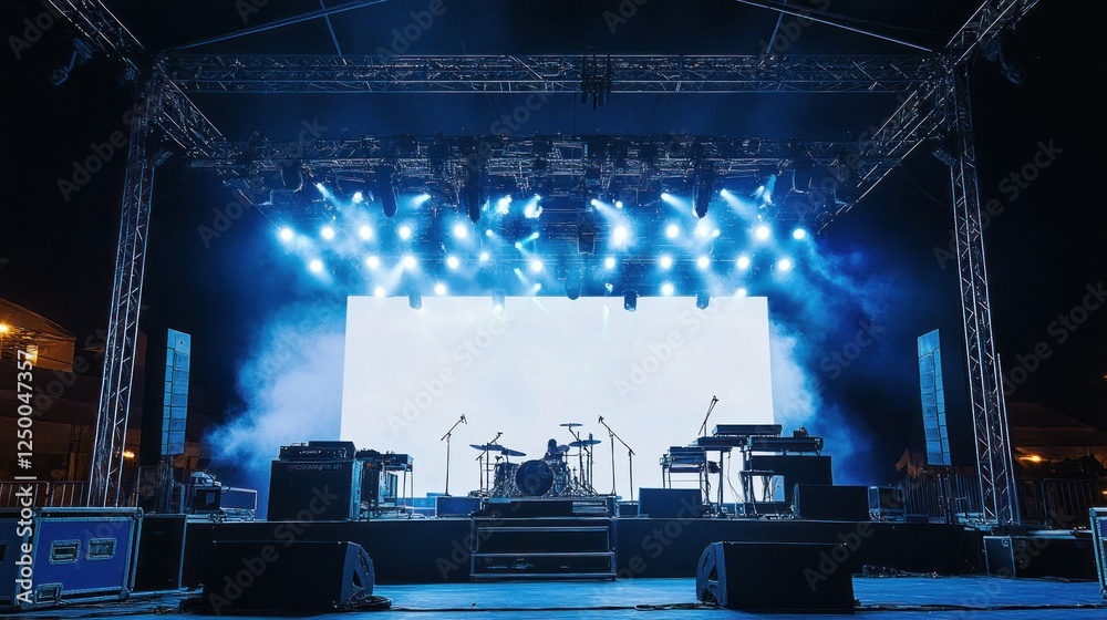 Fototapeta premium Festival stage is open-air with an ultra-wide white screen, professional stage equipment and an intense laser and LED light show background wallpaper AI generated image