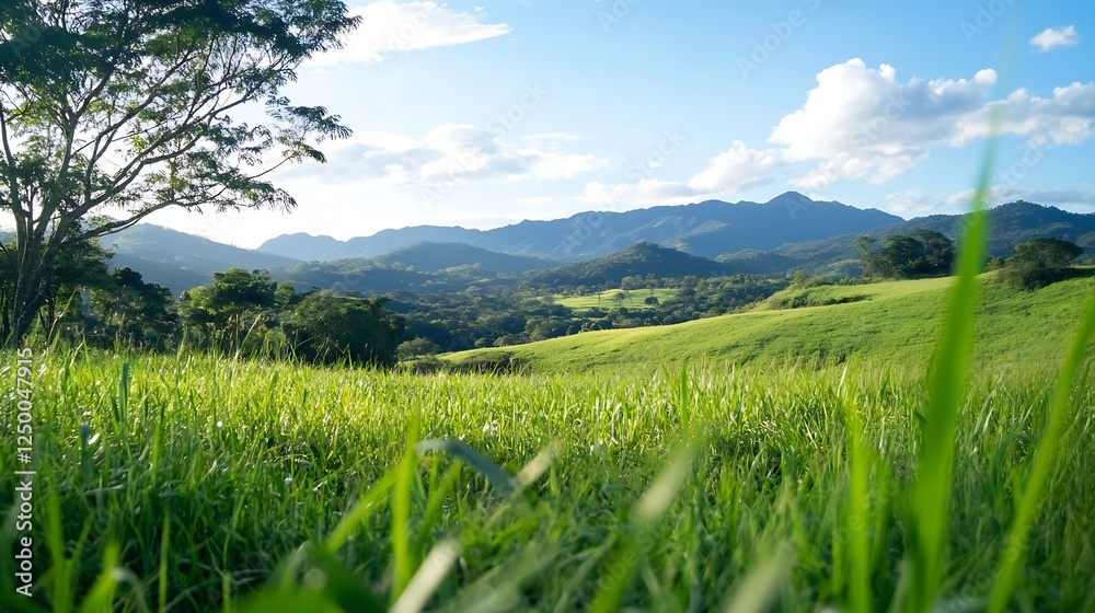 Obraz premium Breathtaking Mountain Landscape with Lush Green Fields and Scenic Skies : Generative AI