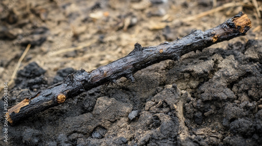 Fototapeta premium Charred Branch on Burned Ground: A Post-Wildfire Landscape