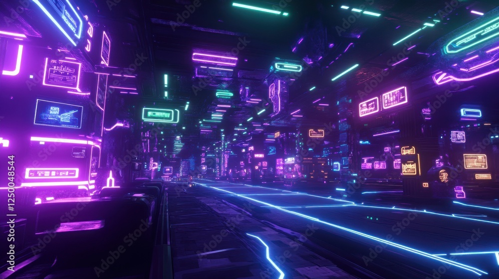 Fototapeta premium A futuristic gaming space arena with glowing purple, blue and green neon elements, forming an immersive sci-fi environment background wallpaper AI generated image