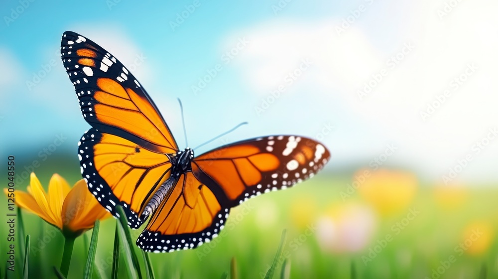 Naklejka premium Vibrant Monarch Butterfly Resting on Bright Flower in Meadow