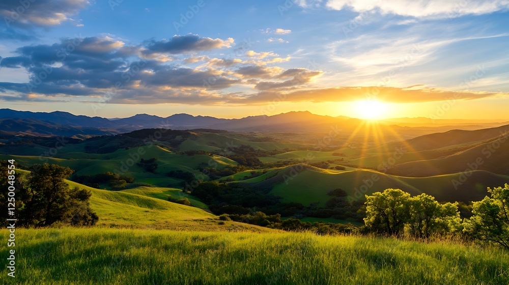 Obraz premium Breathtaking Sunset View Over Rolling Green Hills and Mountains : Generative AI