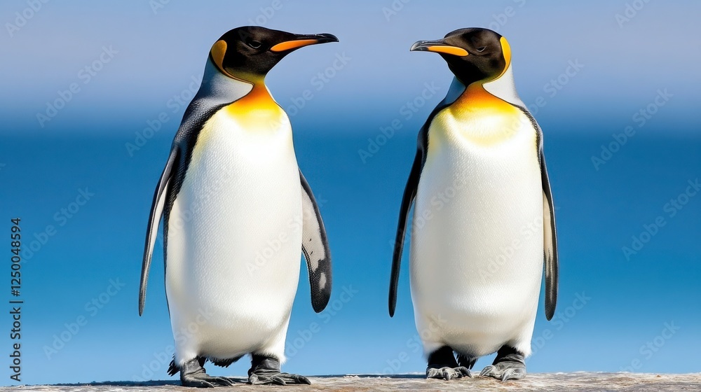 Fototapeta premium Two Elegant Penguins Standing by the Ocean Against a Blue Background