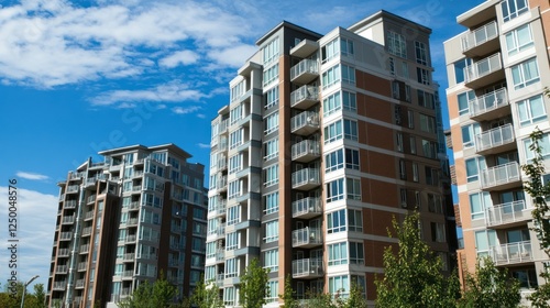 Modern Apartment Buildings with Balconies Against a Blue Sky Backdrop