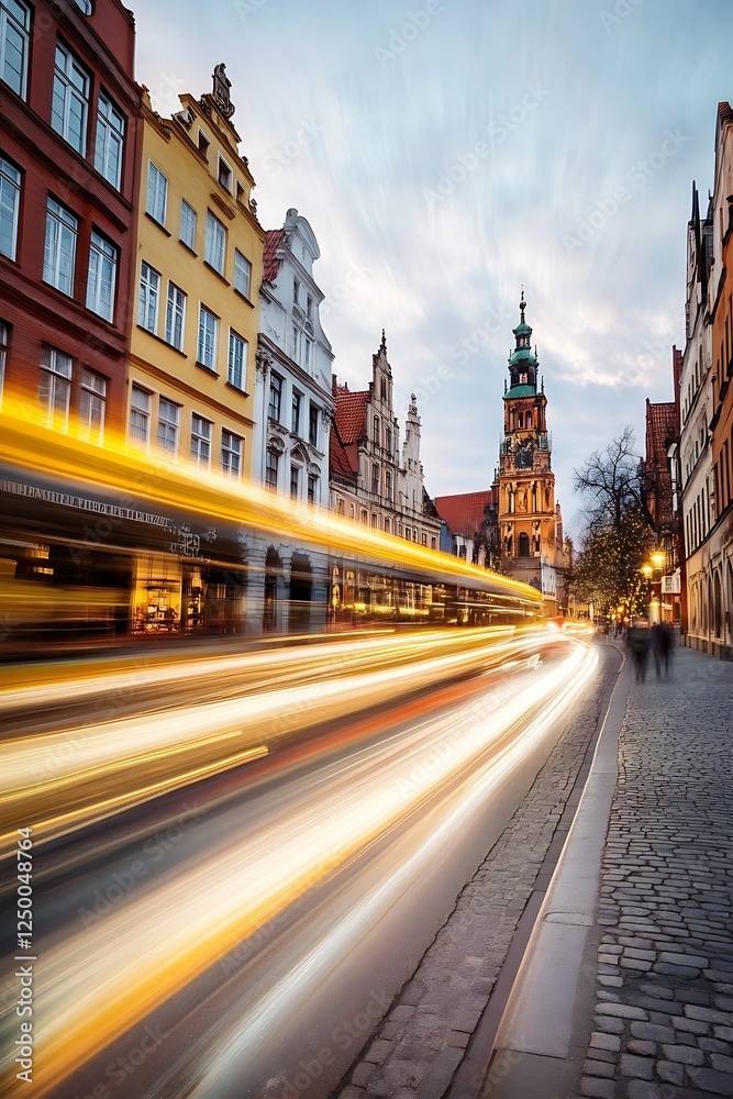 Obraz premium Softly Blurred Evening Street View with Historic Architecture and a Tower in the Background : Generative AI