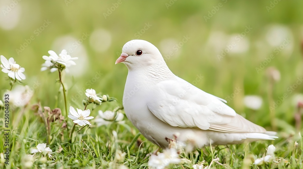 Fototapeta premium Beautiful white dove perched on green grass surrounded by blooming flowers representing peace and harmony : Generative AI