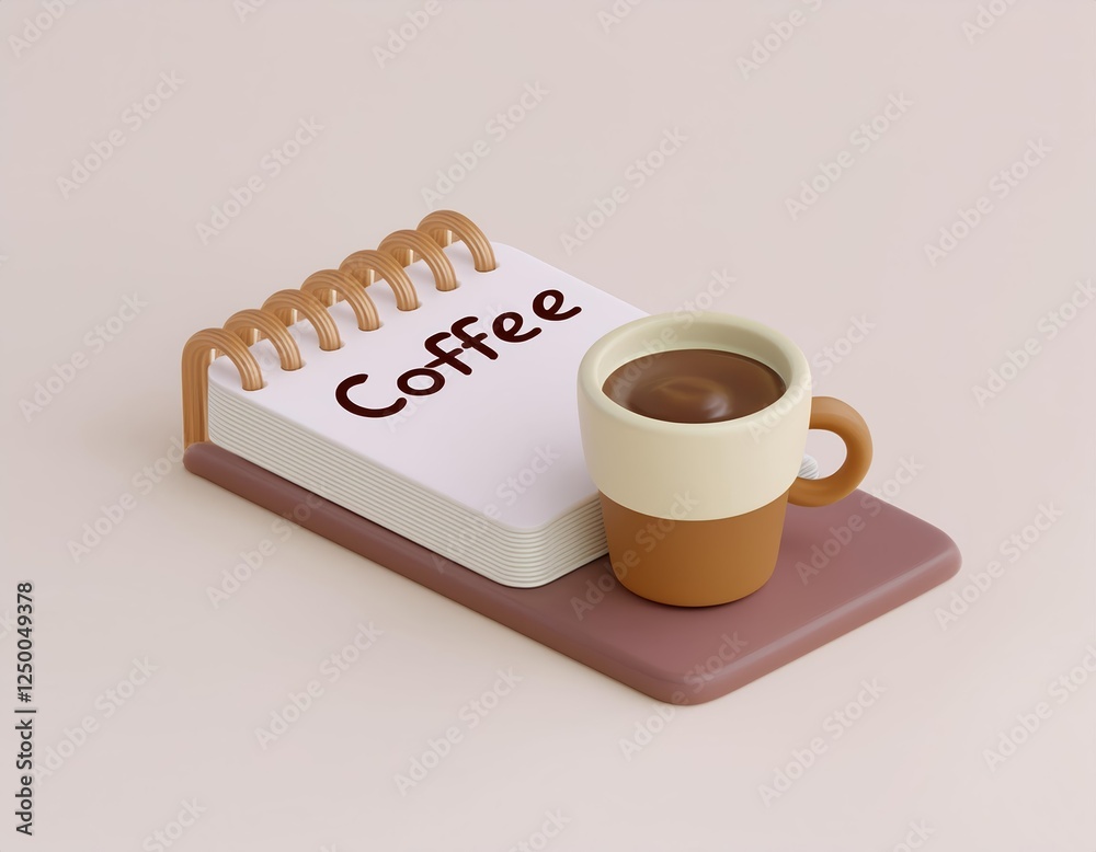 3D steaming cup of coffee rests on a notepad that says Coffee 3D steaming cup of coffee rests on a notepad that says Coffee