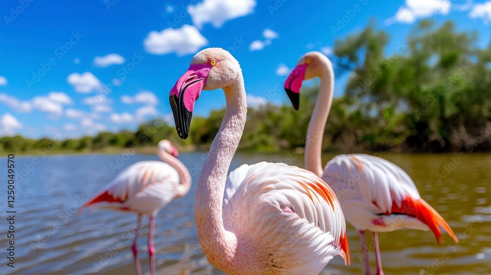 Elegant Pink Flamingos Standing Proudly by the Tranquil Water