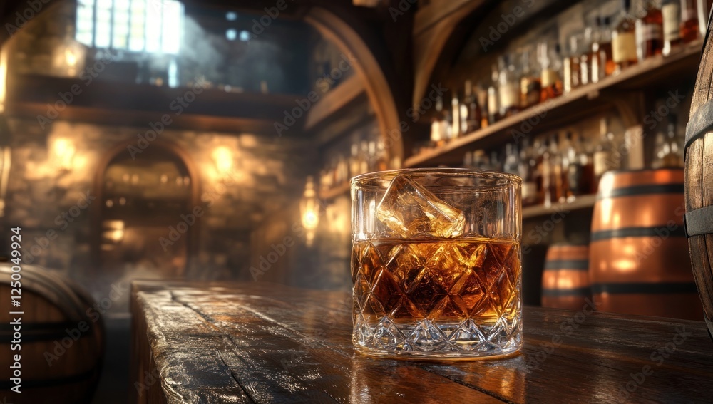 Whisky in a rustic tavern, a moment of peace and relaxation in a dimly lit setting. Whisky in a rustic tavern, a moment of peace and relaxation in a dimly lit setting.