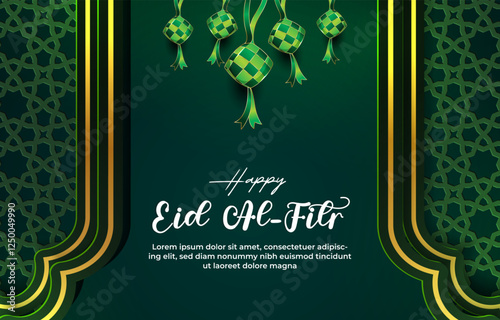 happy eid al fitr template banner with beautiful islamic ornament with green background design 12