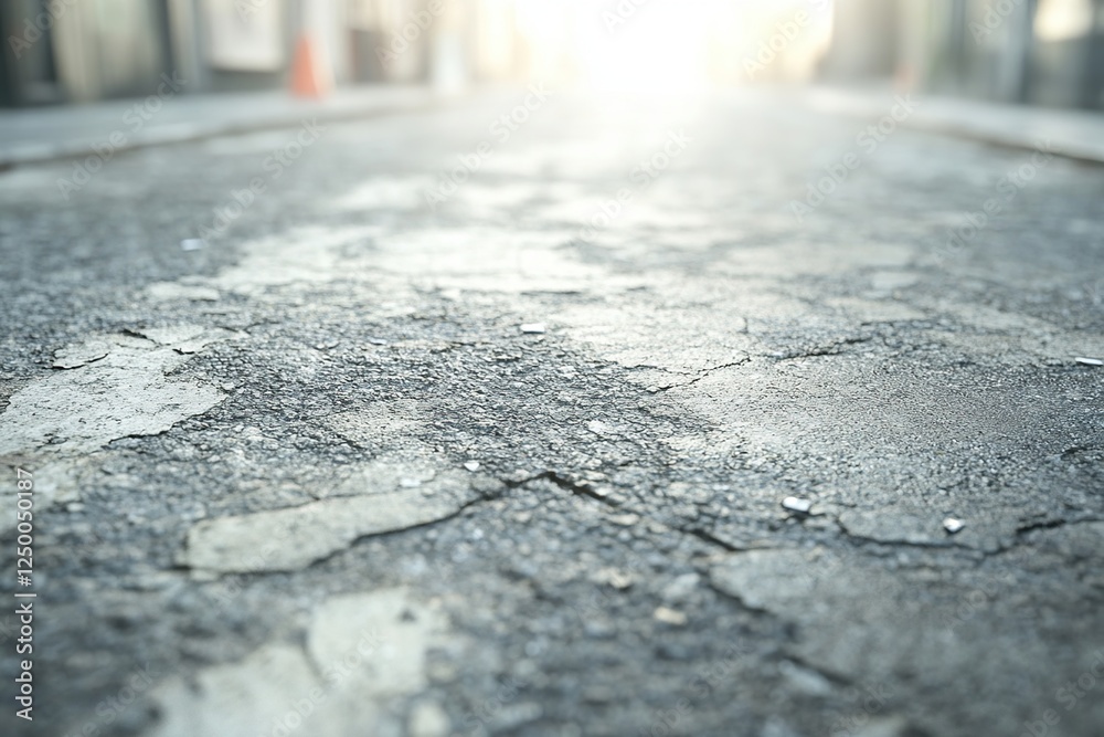 Obraz premium Cracked Asphalt Road Surface Texture: Close-Up View of City Street Showing Deterioration and Wear