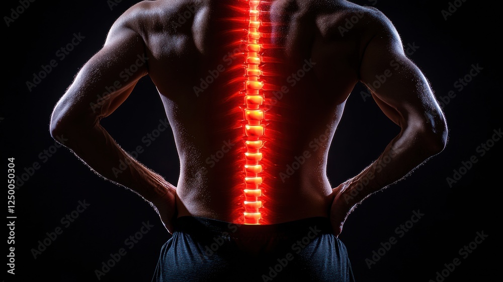 Human Spine with Light Effects Illuminating Back Muscles and Bones Human Spine with Light Effects Illuminating Back Muscles and Bones