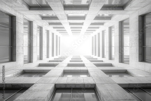 Modern architectural perspective of a skyscraper, showcasing clean lines and bright light, ideal for business, real estate, or design themes.
