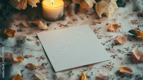 Blank white card placed on the table were strewn with delicate flower petals, with softly lit candles in the background emitting a warm glow wallpaper AI generated image photo