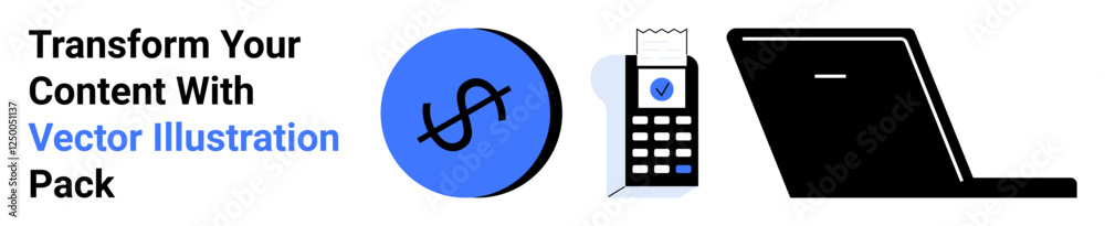 Dollar sign in blue circle, mobile POS device with paper receipt, black laptop. Ideal for finance, payment systems, e-commerce, online business, digital tools, mobile apps flat landing page banner Dollar sign in blue circle, mobile POS device with paper receipt, black laptop. Ideal for finance, payment systems, e-commerce, online business, digital tools, mobile apps flat landing page banner